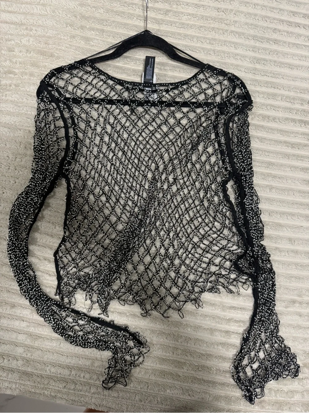 Zara Beaded Mesh Top XS - Black Diamond Net Long Sleeve Crop Overlay NWOT